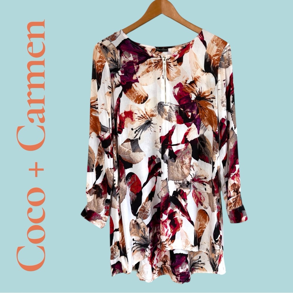 Coco + Carmen Floral Viscose Tunic Top, Gold Zip Front,  Boho Size M. Like new! - Picture 9 of 10